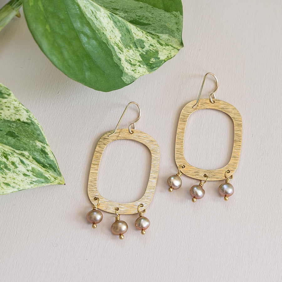 Textured Brass Oval Earrings with Pearl Drops