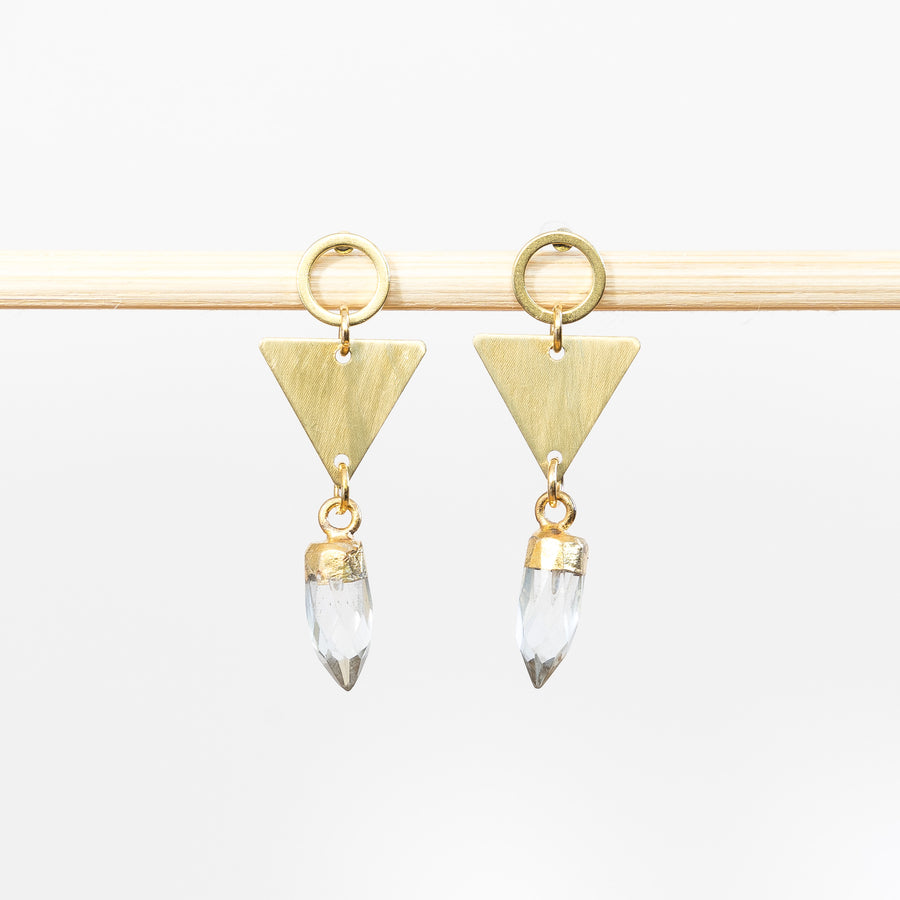 Mini Brass Triangle + Quartz Point Earrings