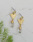 Mini Brass Triangle + Quartz Point Earrings