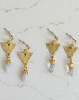 Mini Brass Triangle + Quartz Point Earrings