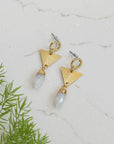 Mini Brass Triangle + Quartz Point Earrings