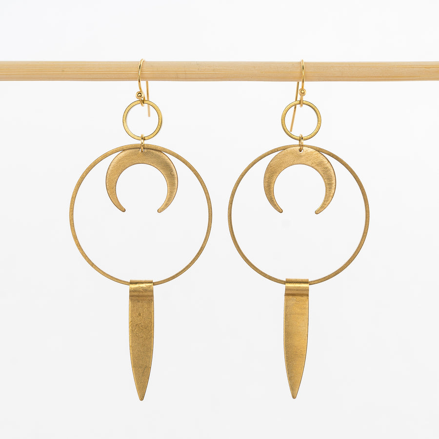 crescent moon warrior spike earrings - boho dangles - women's jewelry handmade in Maine