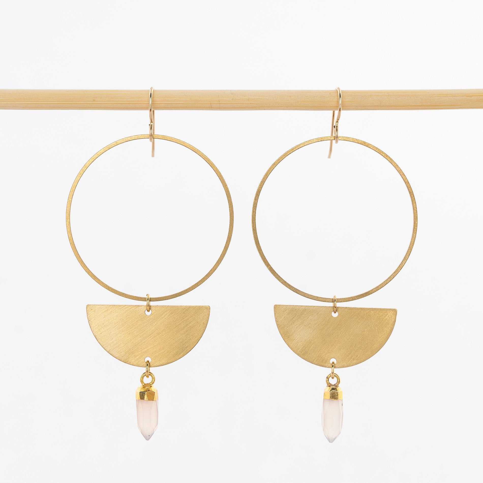 brushed brass semi-circle earrings - boho hoop drop dangles - rose quartz stone 