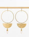 brushed brass semi-circle earrings - boho hoop drop dangles - rose quartz stone 