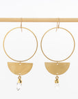 clear quartz point semi-circle earrings - boho style dangles - brushed brass and precious stones 