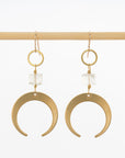 crescent moon earrings - clear quartz stones - brass dangles - women's jewelry - handmade in Maine