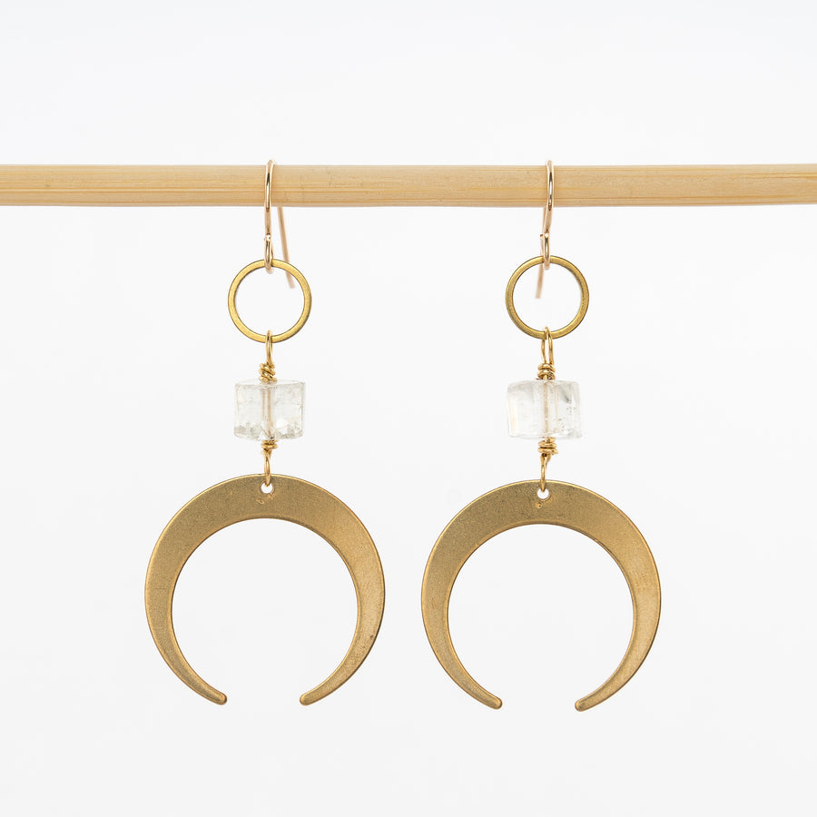 crescent moon earrings - clear quartz stones - brass dangles - women's jewelry - handmade in Maine