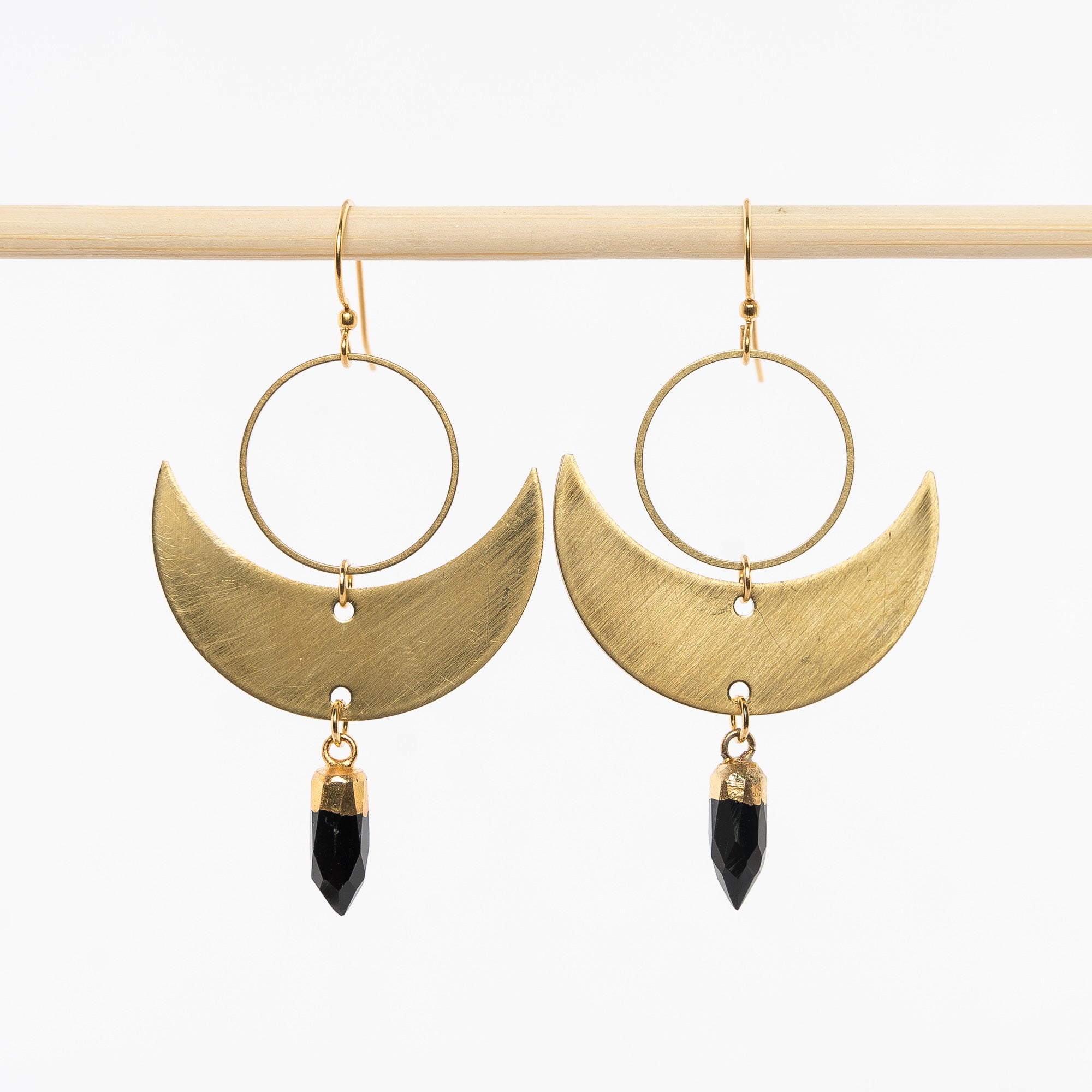 Brass and onyx crescent moon dangle earrings