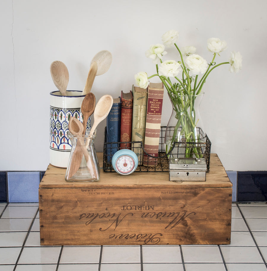 kitchen ware - lifestyle - beckett street - glass vase - midcentury home - munjoy hill - portland maine - wooden spoons - flowers