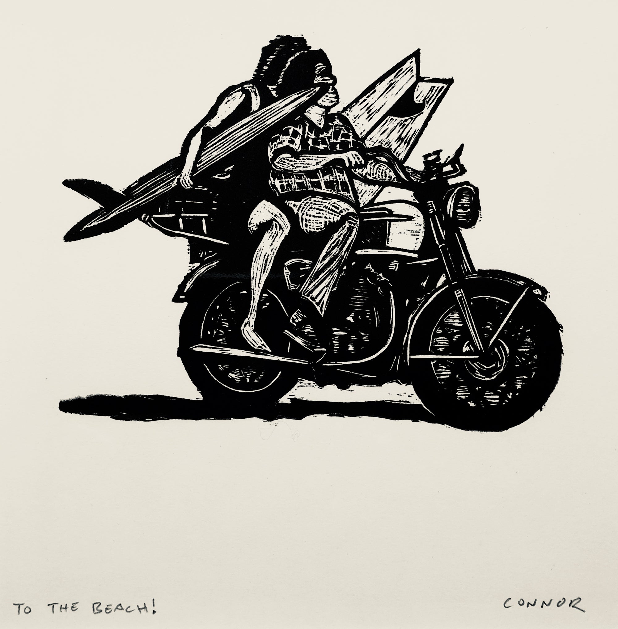 To The Beach! linocut print in black - relief printmaking - motorcycle - surfing - beach day on the ocean