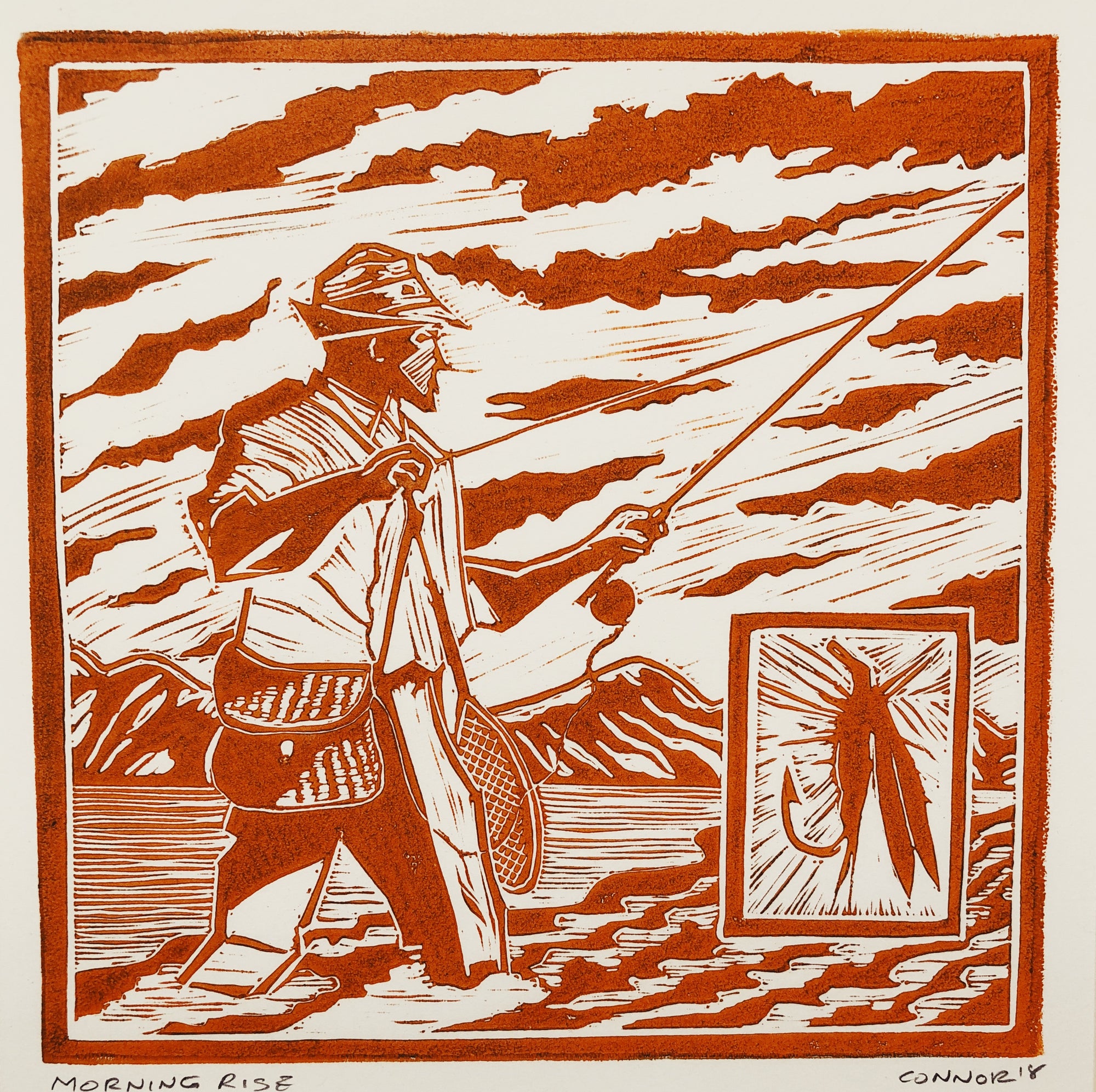 fisherman linocut print - one color relief - red - linoleum - Handmade in Portland, ME