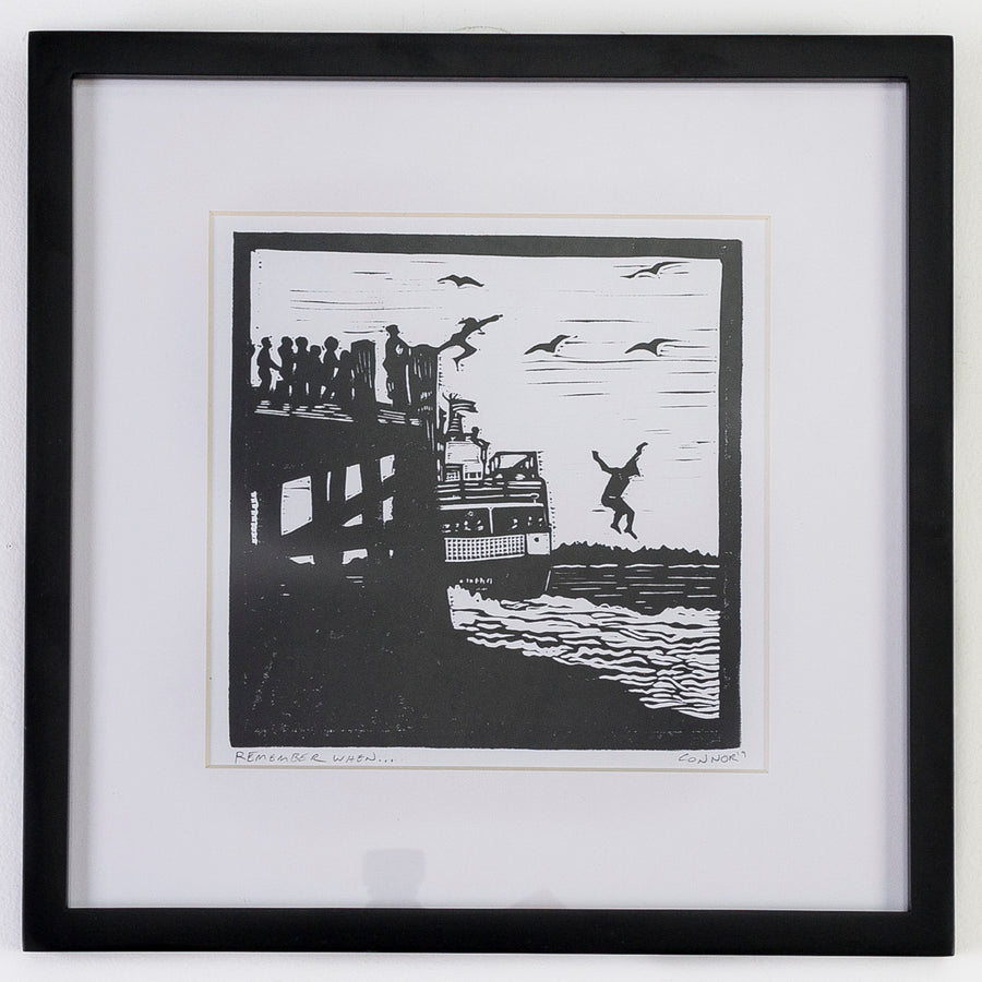 Remember when - linocut print - David Connor - Peaks island dock - Casco Bay Ferries - printmaking