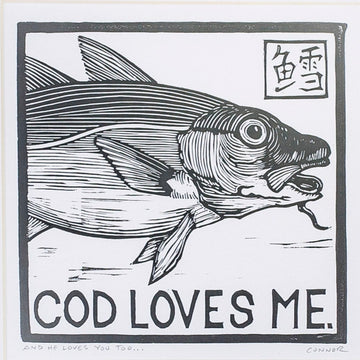 framed linocut print - original - cod loves me - Maine artist - David Connor - printmaking - black and white print