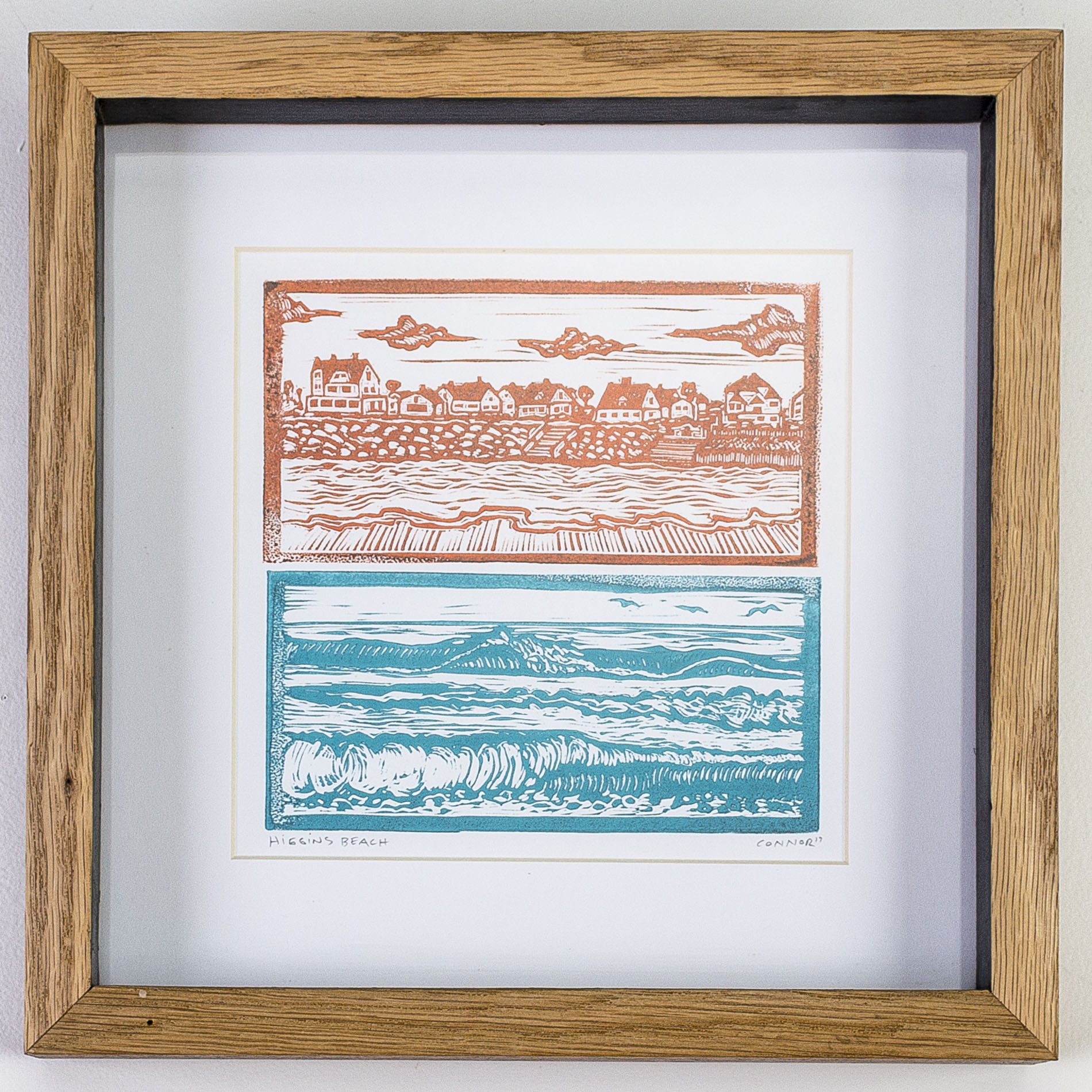 linocut print of Higgins Beach Maine - carving - handmade wood frame - local artist - printmaking