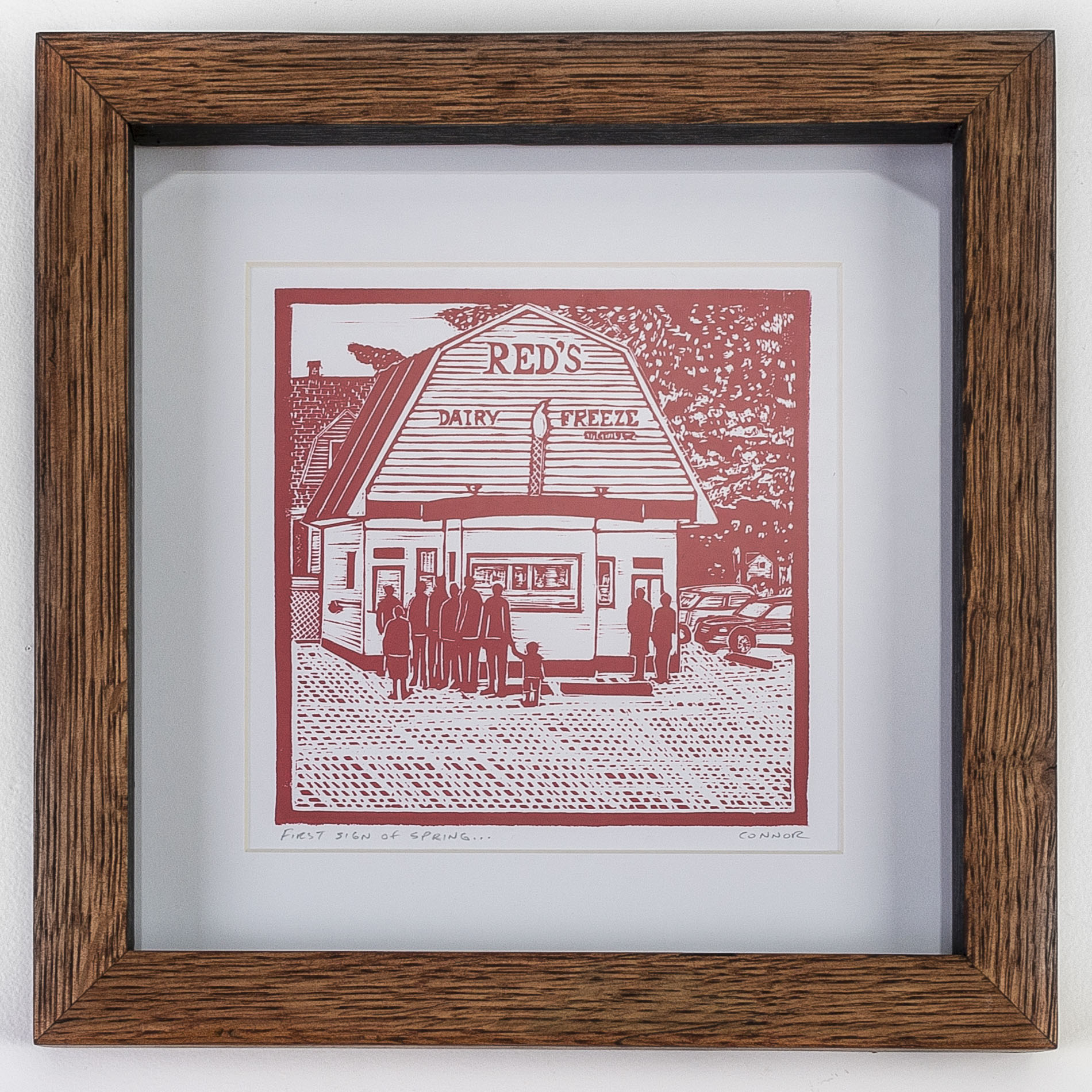 linocut print in a handmade wood frame by David Connor - Reds - South portland - ice cream shop - relief printmaking