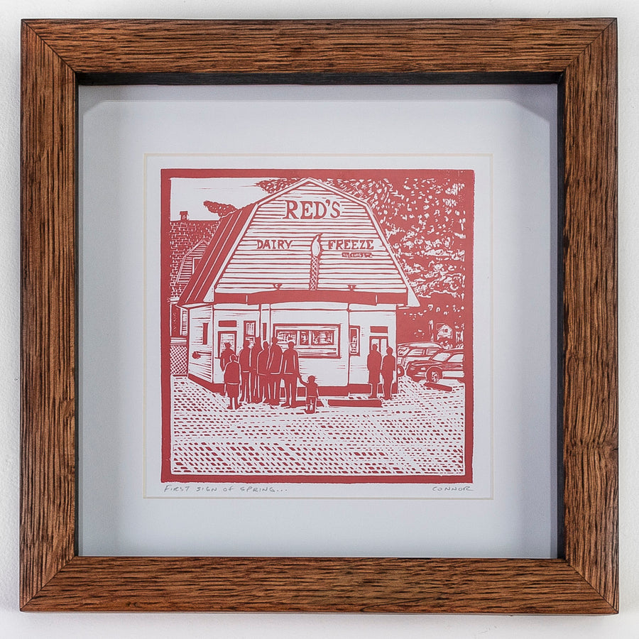 linocut print in a handmade wood frame by David Connor - Reds - South portland - ice cream shop - relief printmaking