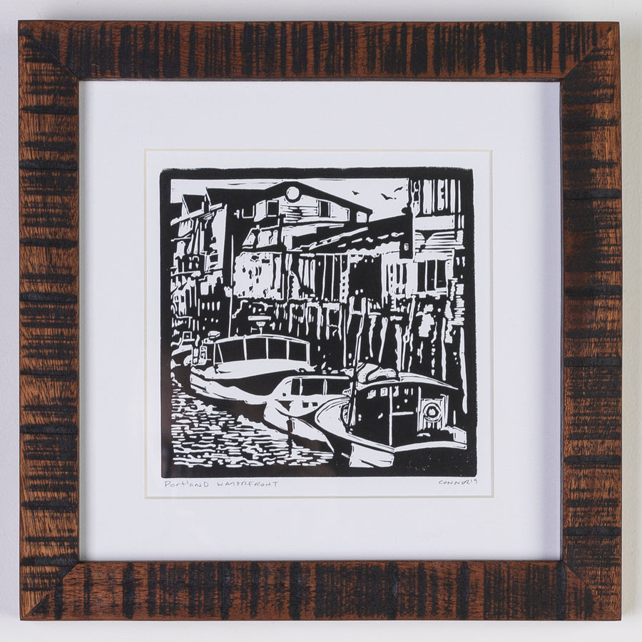 framed linocut print in a handmade wood frame - portland waterfront - Maine - fishing - lobster - local artist - printmaking
