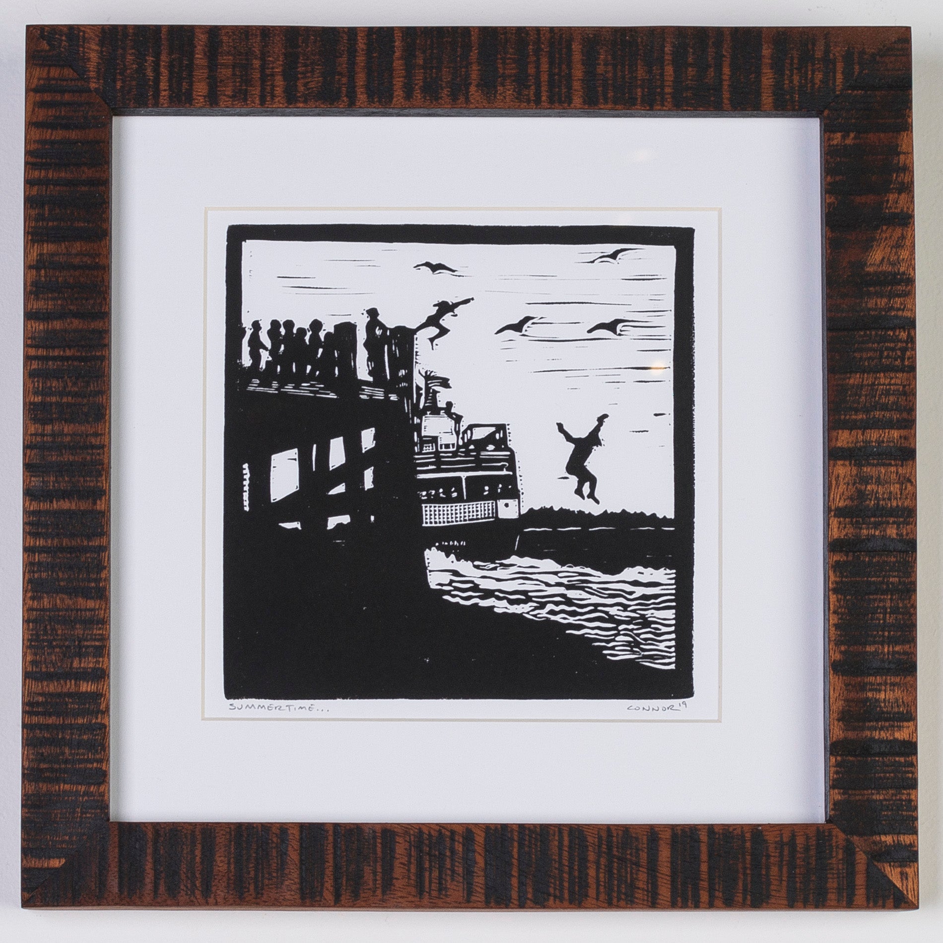 Maine linocut print - relief printmaking - peaks island ferry - jumping off the dock - summer in Maine 