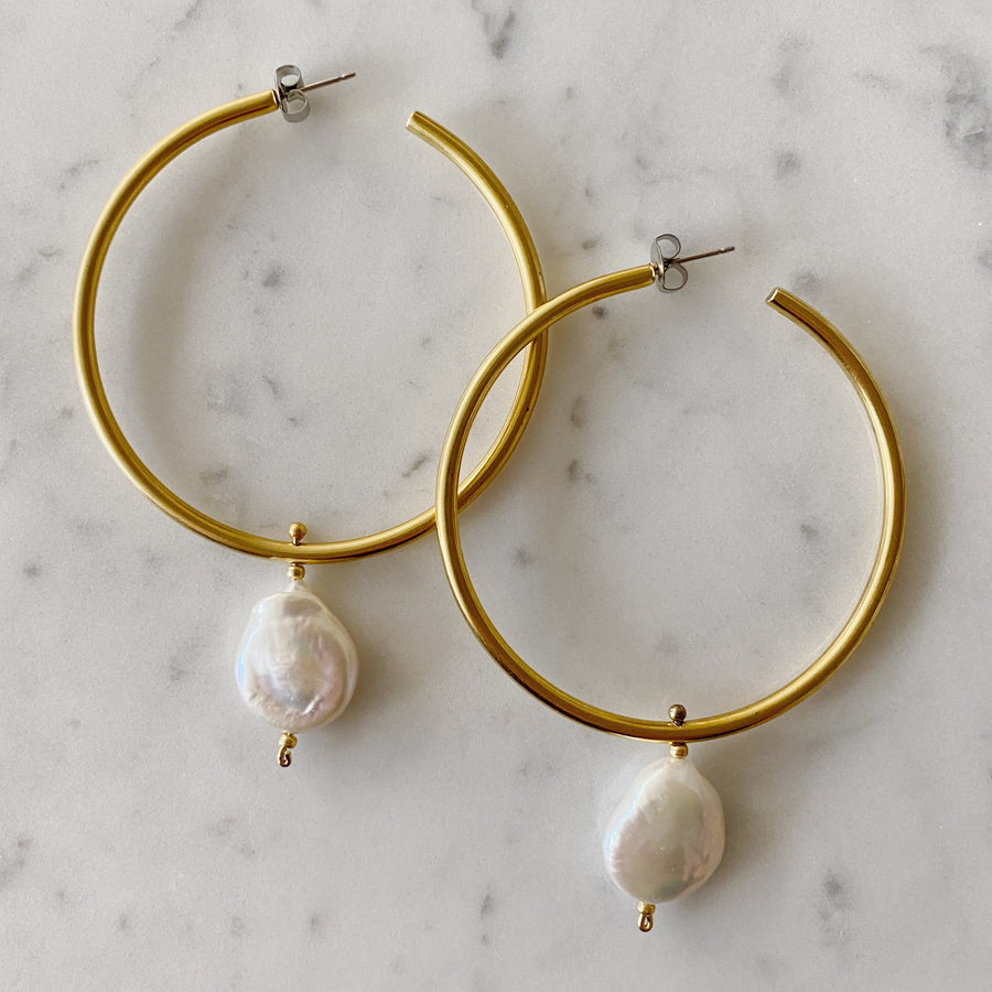 Gold Hoops with Freshwater Pearl Drop Earrings