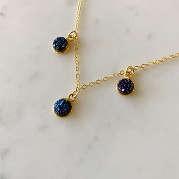 Small Navy Druzy Necklace with Gold Plated Chain