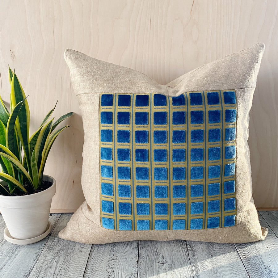 Linen + Blue Velvet Square Pillow