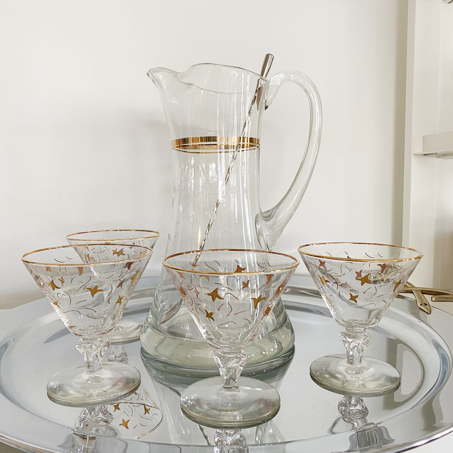 Vintage Gold Rim Pitcher & Cocktail Glass set