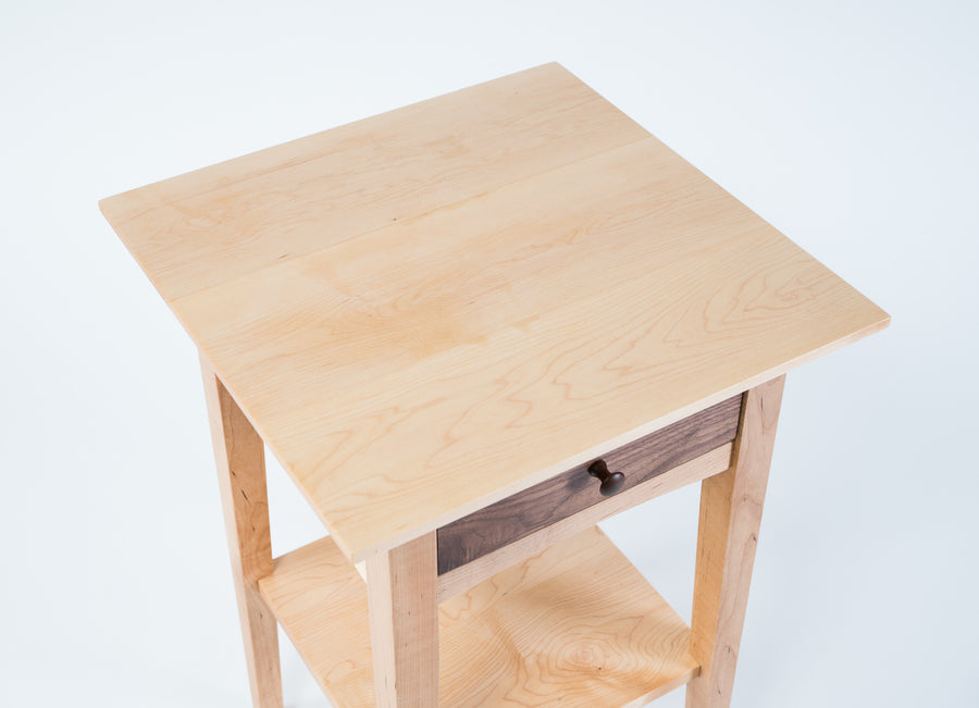 peaks point side table top-view - finished natural wood - walnut drawer - light wood - handmade - shaker furniture