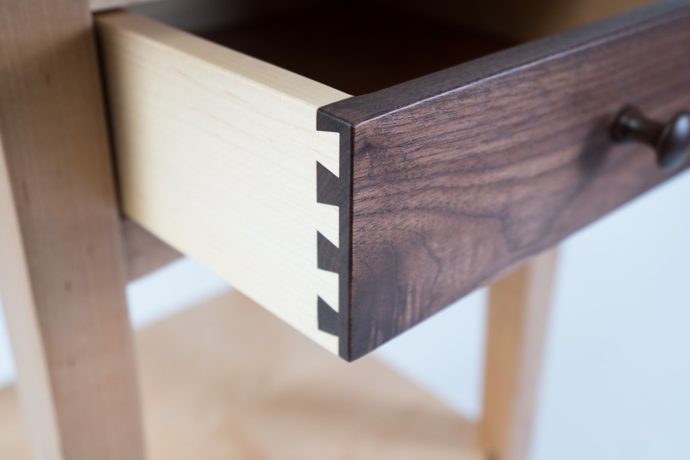 drawer detail image - maple frame and walnut drawer face - multi colored woods - wood.stone.bone. - locally made