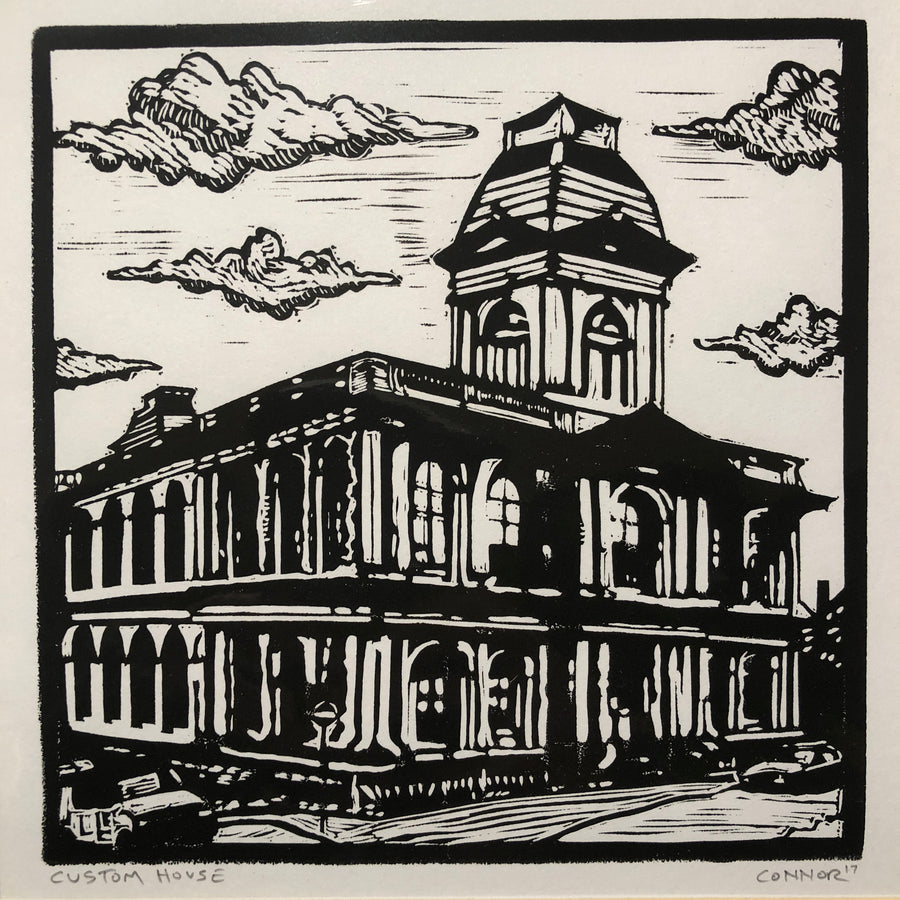 original linocut by David Connor - relief printmaking - carving - matted print - portland maine