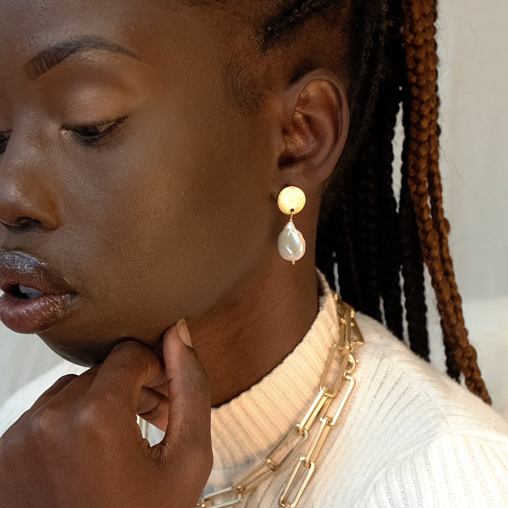 Brass Post Earrings with Pearl Drops
