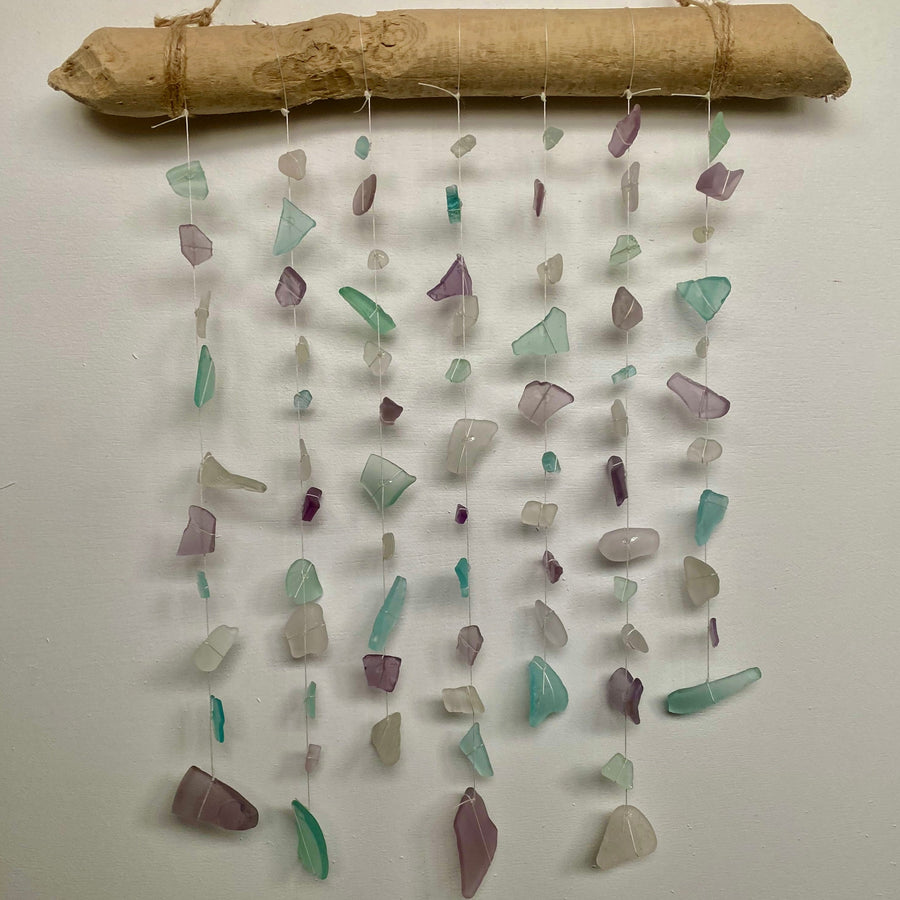 Sea Glass + Driftwood Mobile - lavender, aqua, white glass