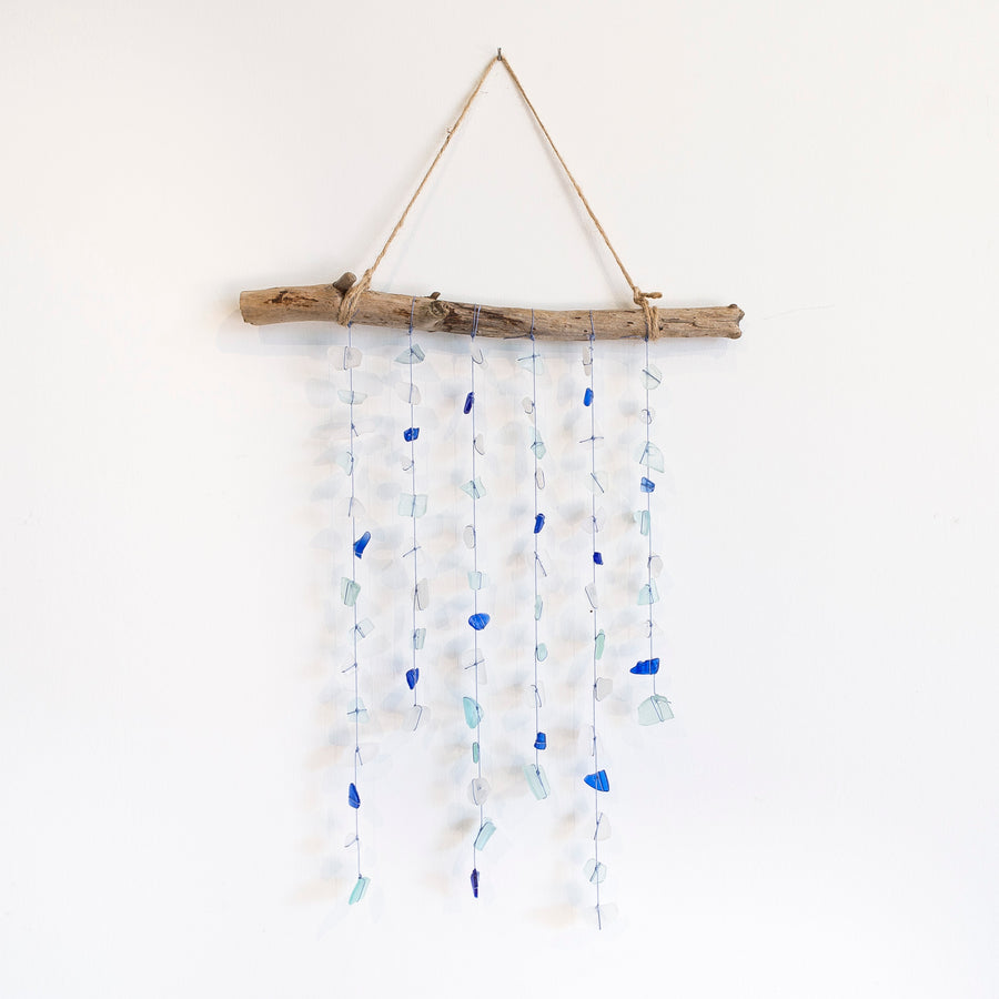 blue and white seaglass mobile - hanging from driftwood - handmade in maine