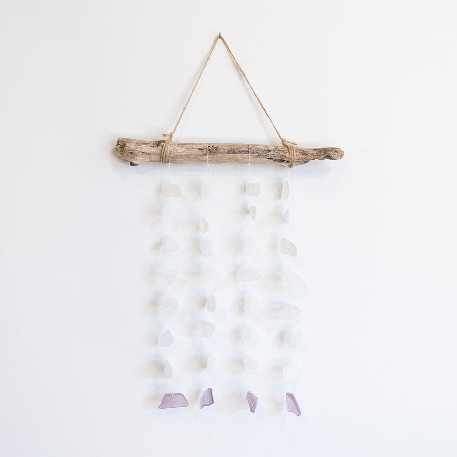 lavender and white sea glass mobile - driftwood hanger - home decor - handmade home goods