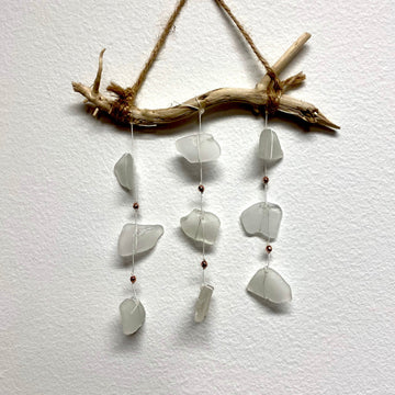 Sea Glass + Driftwood Mobile - small white glass copper beads II