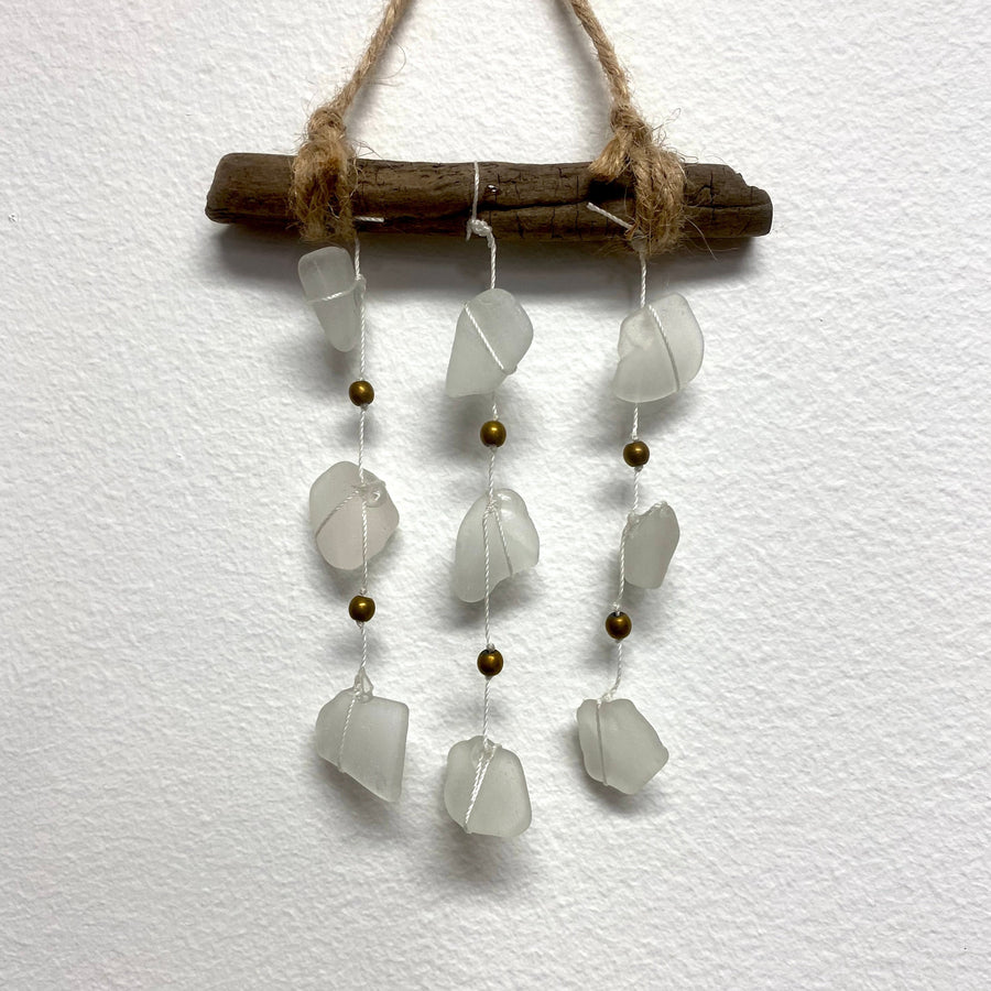 Sea Glass + Driftwood Mobile - small white glass brass beads