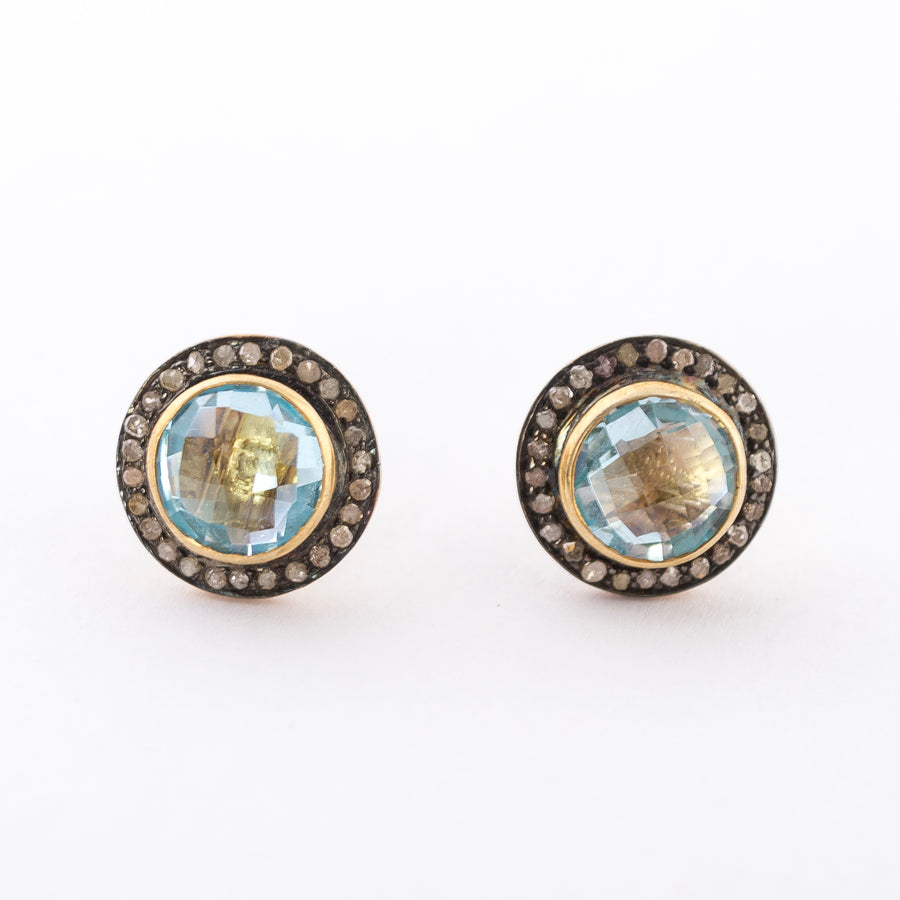 Stud Earrings - Raw Diamonds - Aquamarine - front view - handcrafted