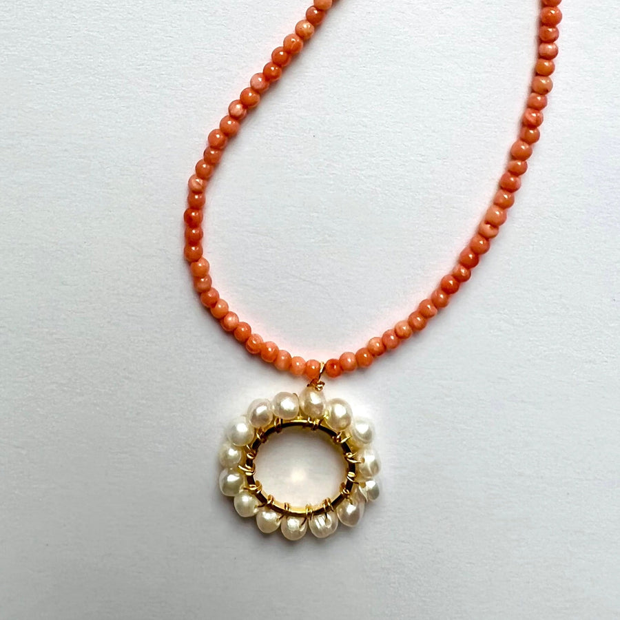Tiny Pink Coral Round Pearl Pendant Necklace