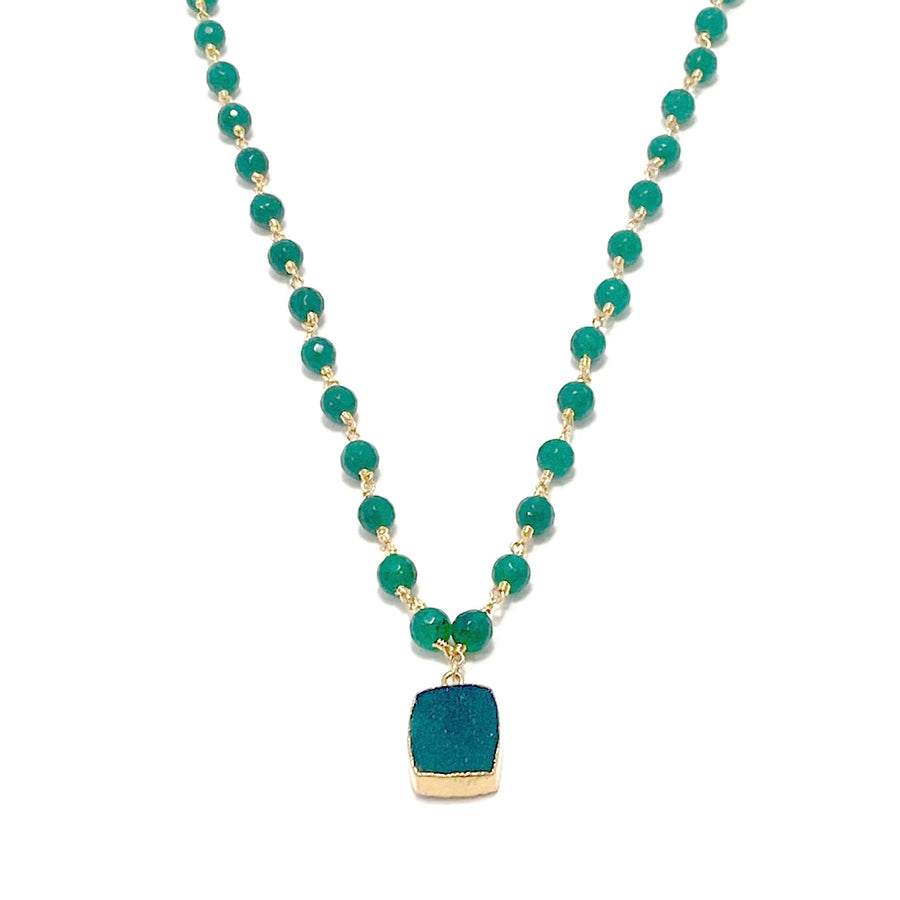 Round Green Jade Chain with Green Druzy Necklace