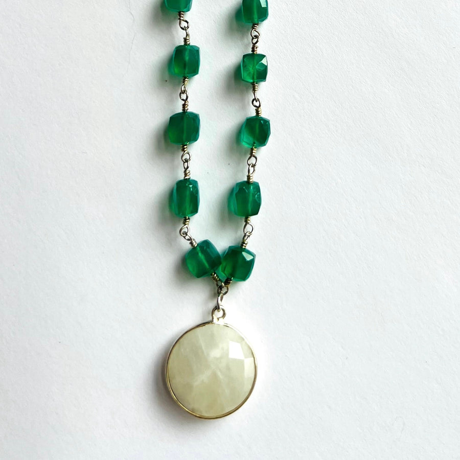 Square Green Onyx Chain with Round White Chalcedony Necklace