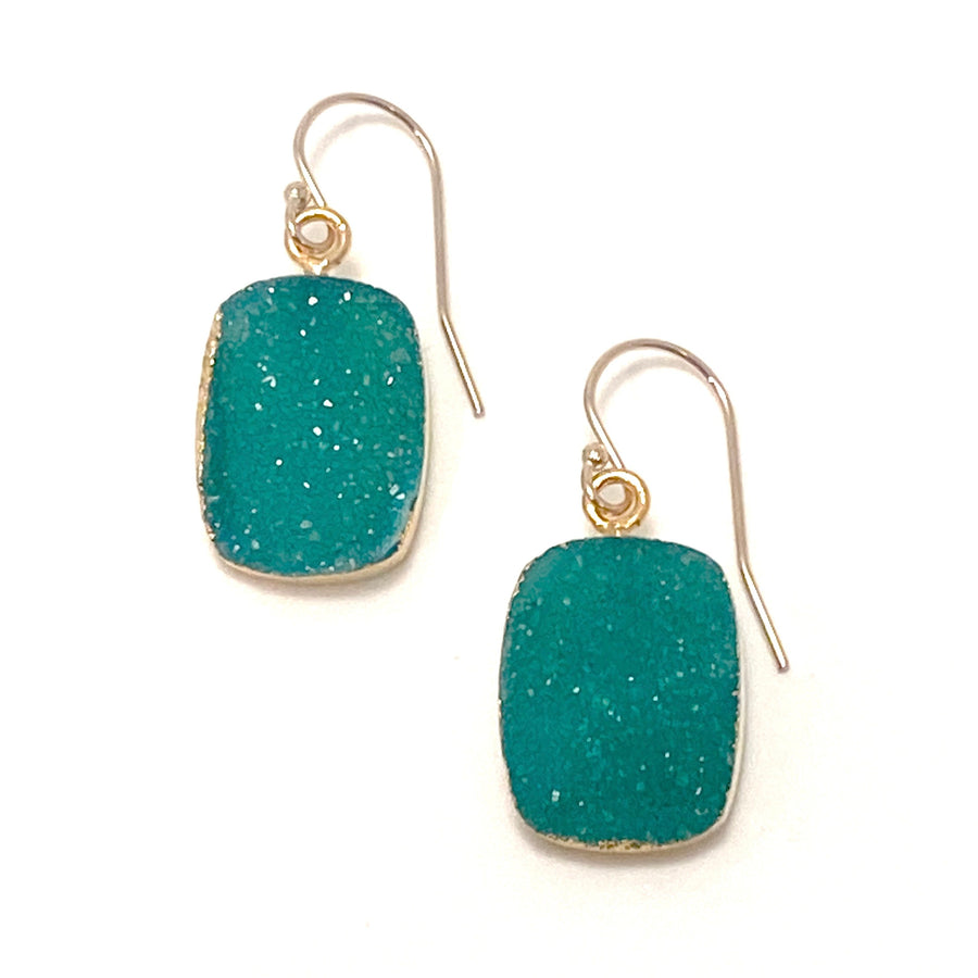 Gold Filled Large Green Rectangle Druzy Earrings