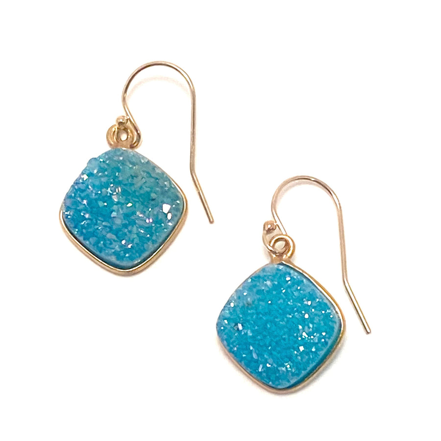Gold Filled Sparkly Aqua Square Druzy Earrings