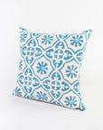 blue and white patterned linen pillow - square shaped - handmade in Maine - screen printed 