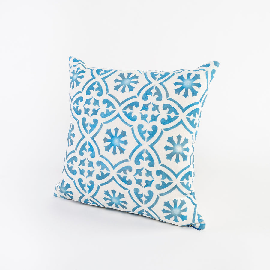 blue and white patterned linen pillow - square shaped - handmade in Maine - screen printed 