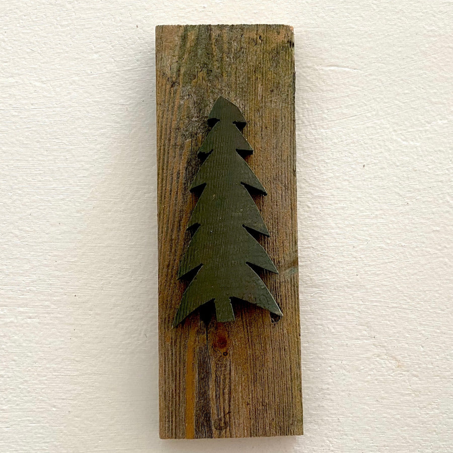 Single Wooden Pine Tree on Recycled Wood