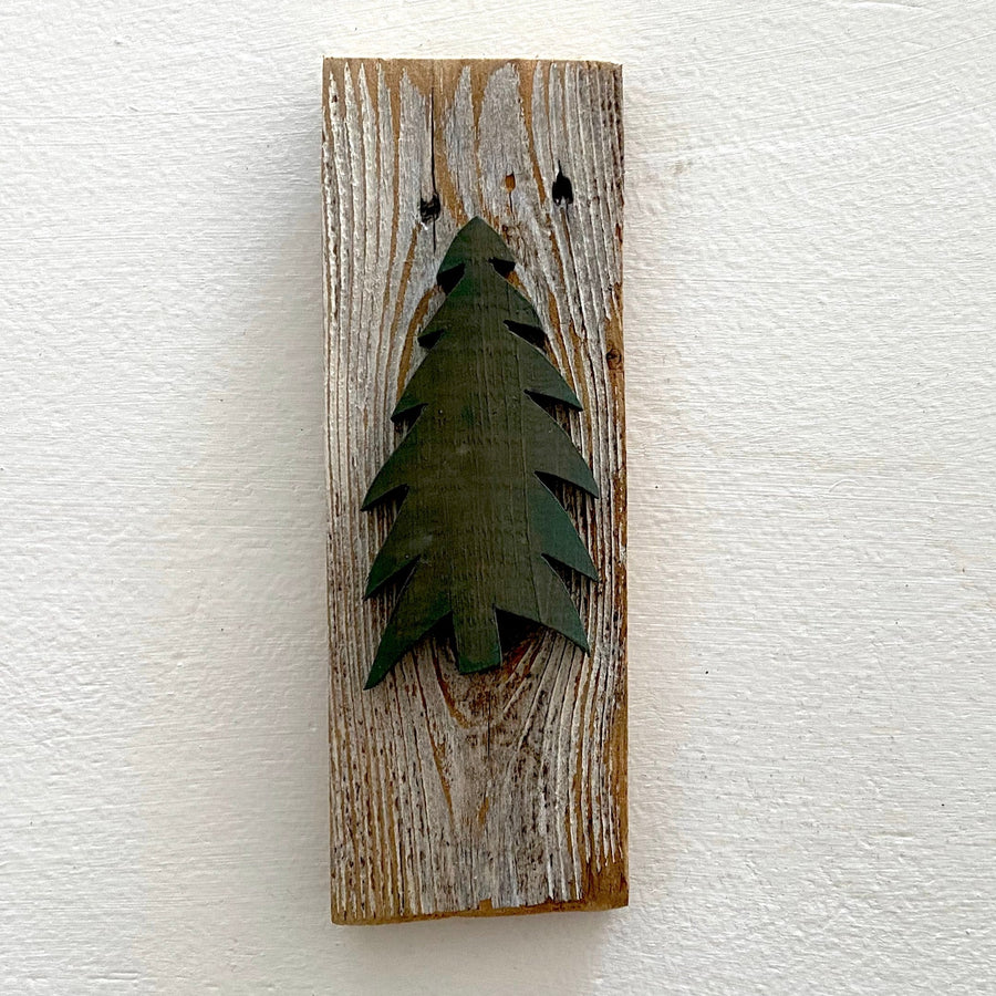 Single Wooden Pine Tree on Recycled Wood