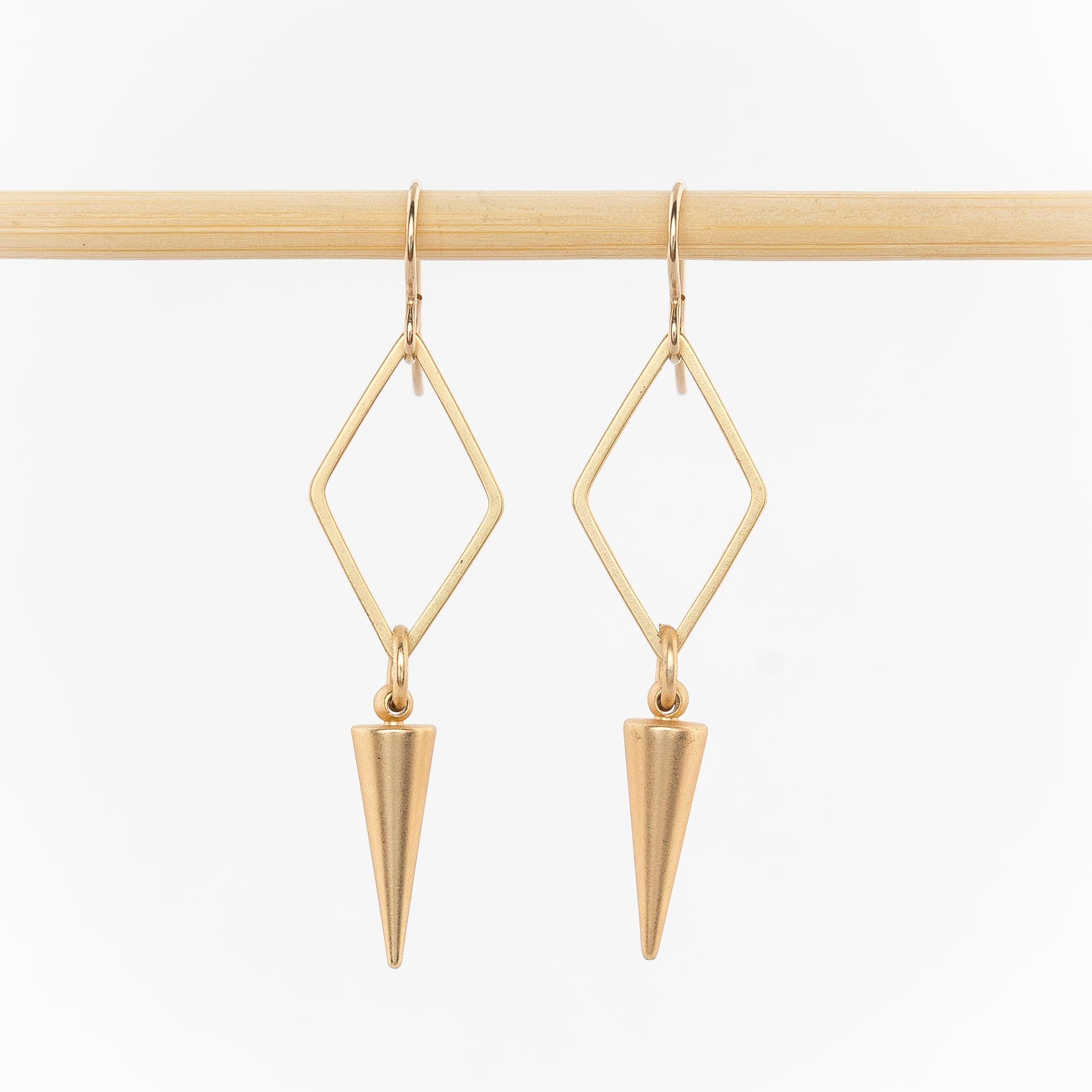 gold geometric dangle earrings - women's jewelry - open diamonds and spike drops - gold plated  - french hooks