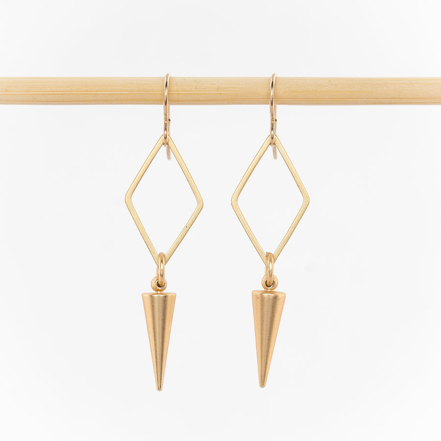 gold geometric dangle earrings - women's jewelry - open diamonds and spike drops - gold plated  - french hooks