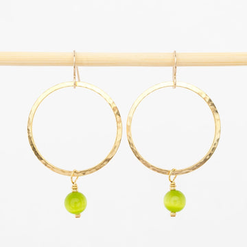 lime green bead and gold dangle hoop earrings - hope - hammered metal 
