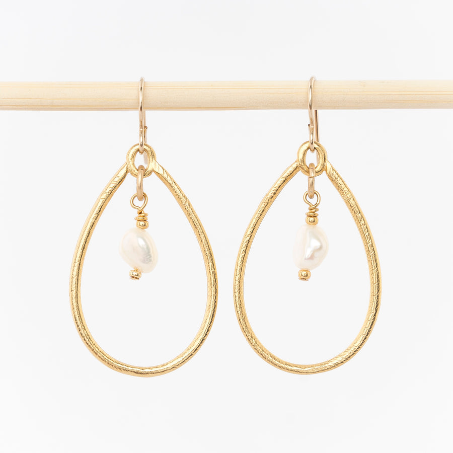 oval hoop drop and pearl earrings - handmade dangles