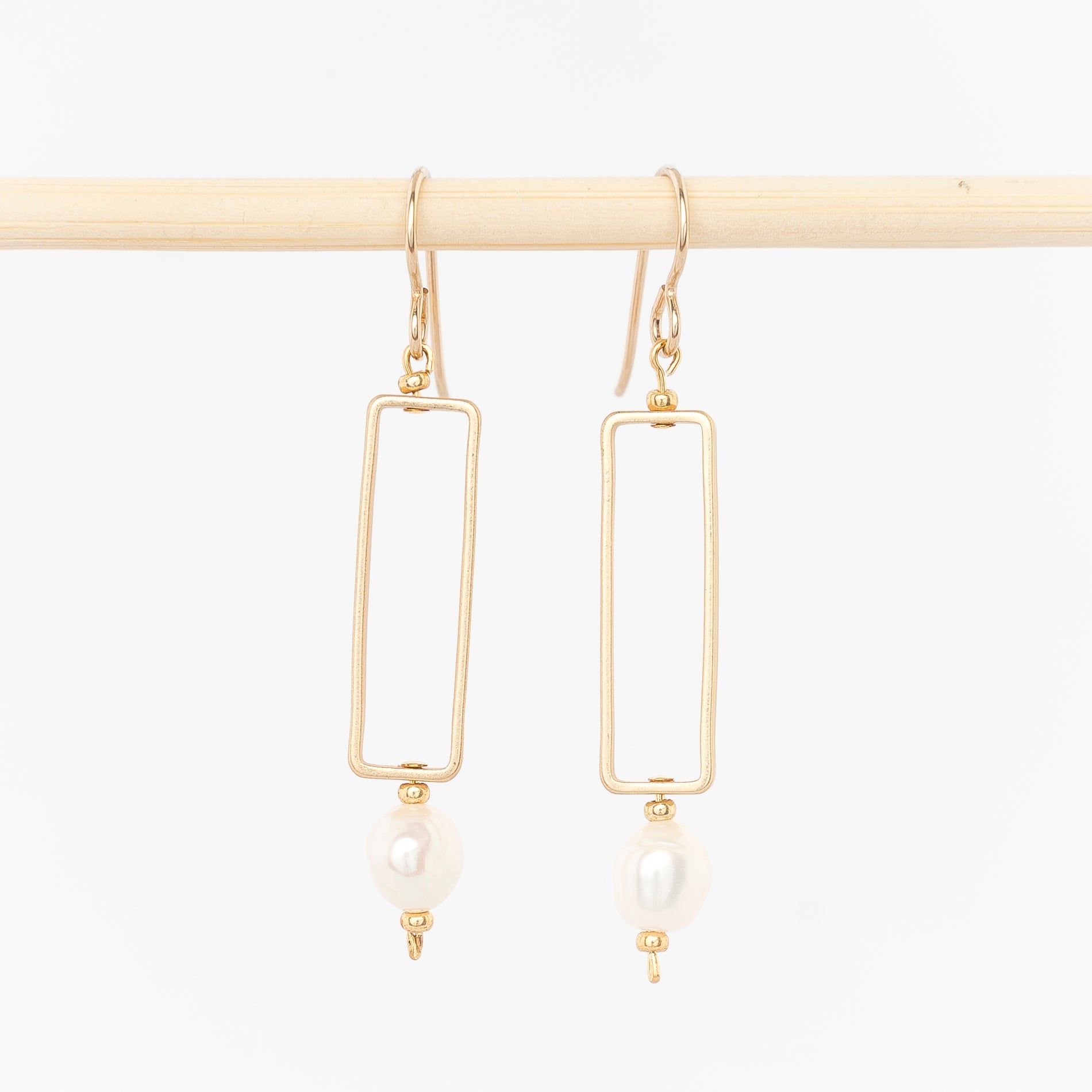 gold rectangle and pearl earrings